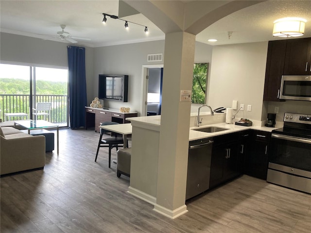 kitchen featuring hardwood / wood-style flooring, track lighting, stainless steel appliances, and sink