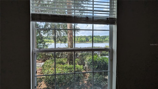 interior details with a water view