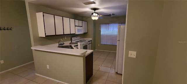 kitchen featuring kitchen peninsula, ceiling fan, white appliances, and white cabinets