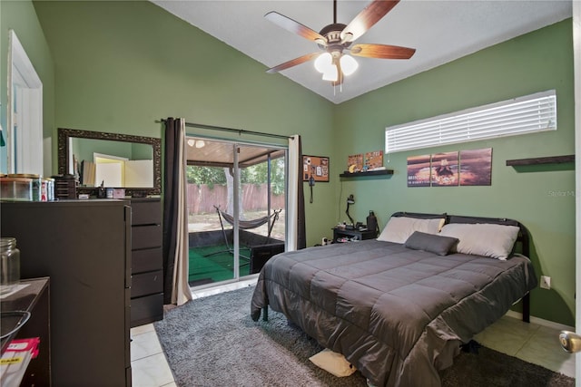 tiled bedroom featuring high vaulted ceiling, ceiling fan, and access to exterior