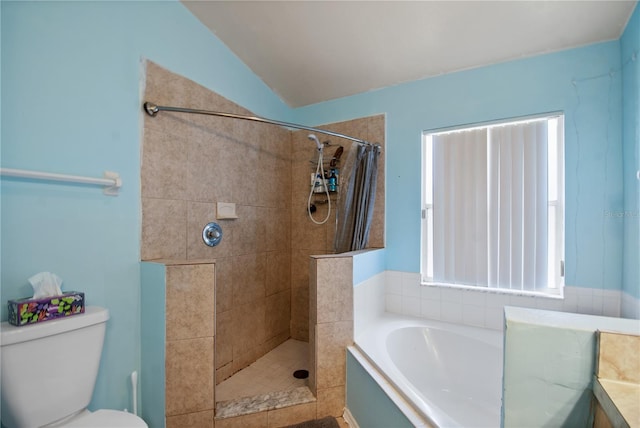 full bathroom with vaulted ceiling, toilet, plus walk in shower, and vanity