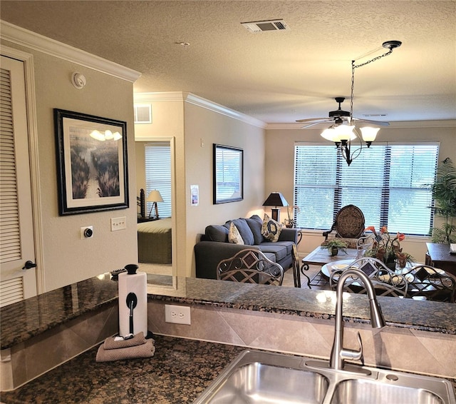 kitchen featuring a textured ceiling, sink, ceiling fan, and ornamental molding