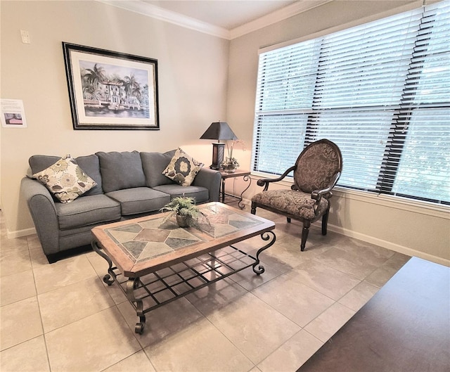 tiled living room featuring crown molding