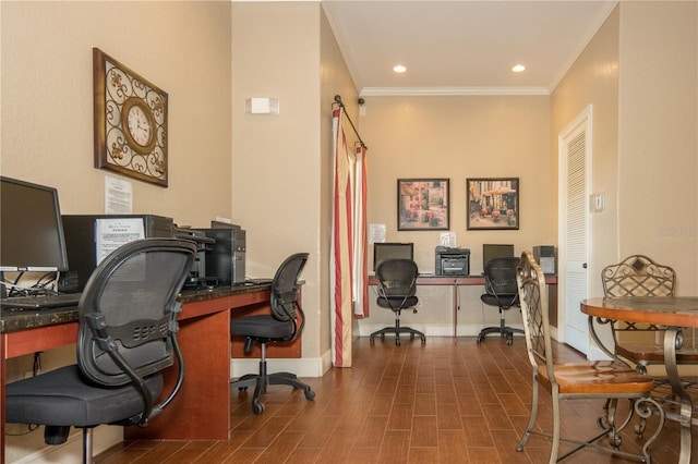 office with crown molding and wood-type flooring