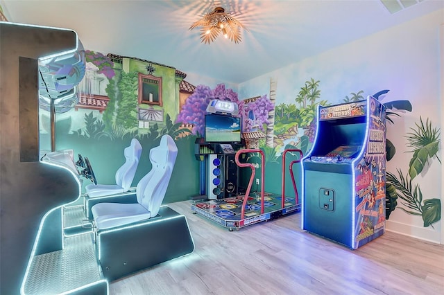 game room with hardwood / wood-style flooring