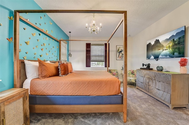 bedroom featuring a textured ceiling, carpet floors, and an inviting chandelier