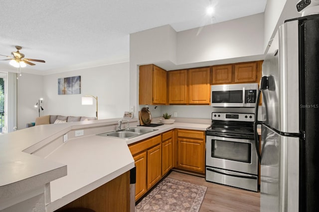 kitchen with light wood-type flooring, crown molding, stainless steel appliances, sink, and ceiling fan