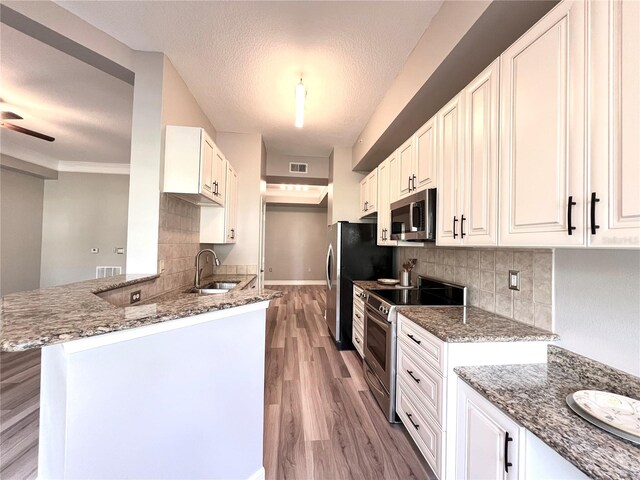 kitchen with a peninsula, white cabinets, and stainless steel appliances