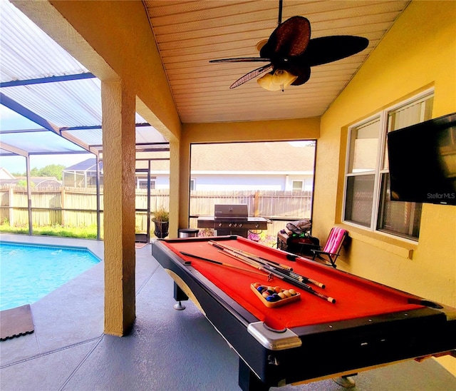 rec room with wood ceiling, vaulted ceiling, ceiling fan, a pool, and billiards