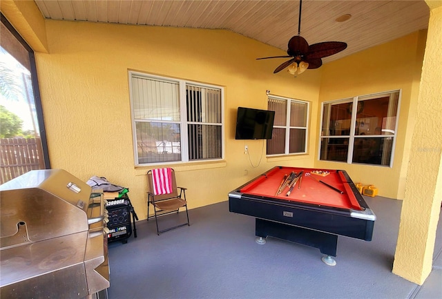 recreation room featuring wood ceiling, ceiling fan, lofted ceiling, and pool table