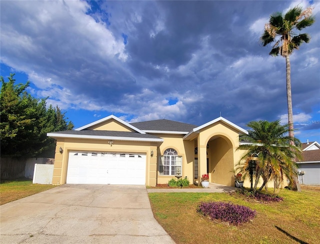 ranch-style home with a garage and a front lawn