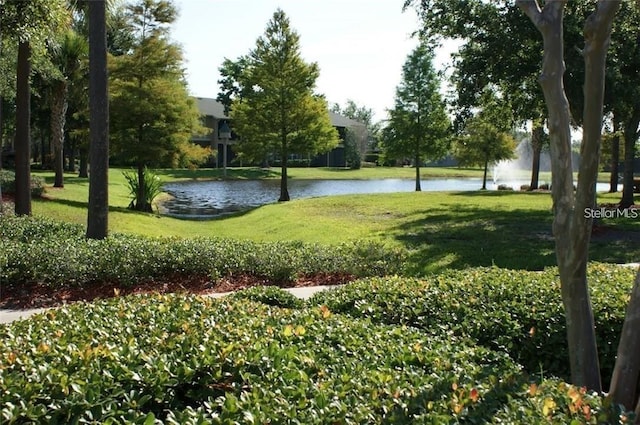 view of home's community with a lawn and a water view