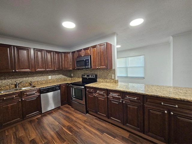 kitchen with sink, dark hardwood / wood-style floors, decorative backsplash, appliances with stainless steel finishes, and ornamental molding