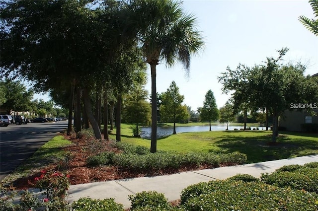 view of home's community featuring a lawn and a water view