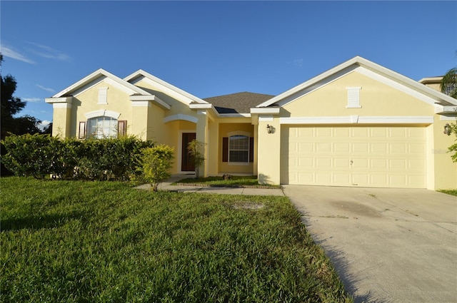 view of front of house with a garage, concrete driveway, roof with shingles, stucco siding, and a front lawn