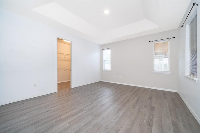 empty room featuring wood-type flooring and a tray ceiling