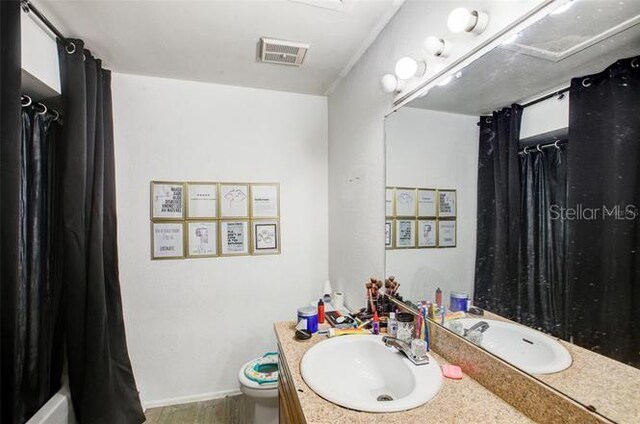 bathroom with toilet and oversized vanity