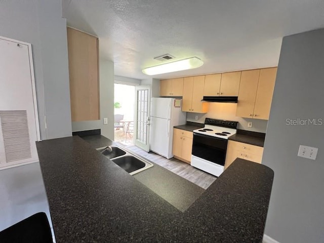 kitchen featuring light brown cabinets, sink, white appliances, light hardwood / wood-style flooring, and kitchen peninsula