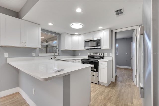 kitchen featuring kitchen peninsula, appliances with stainless steel finishes, light hardwood / wood-style floors, white cabinetry, and sink