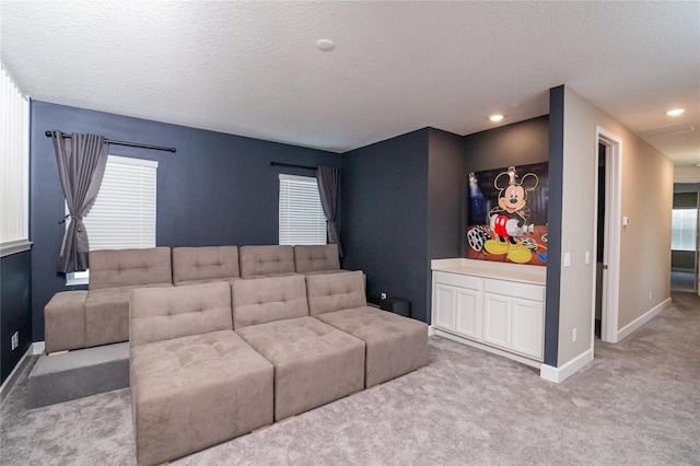 living room featuring a textured ceiling and carpet