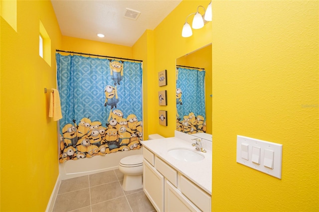 full bathroom with tile flooring, vanity, shower / bath combination with curtain, and toilet