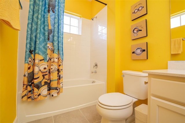 full bathroom featuring tile floors, vanity, shower / bath combo, and toilet