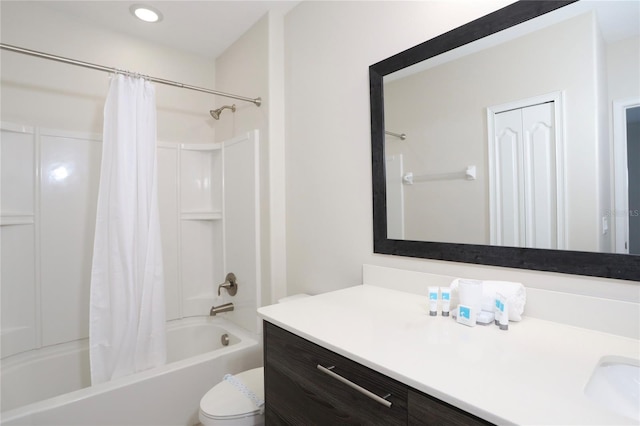 full bathroom featuring vanity, toilet, and shower / bathtub combination with curtain