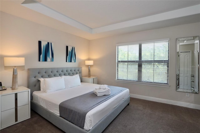 bedroom with dark colored carpet and a raised ceiling