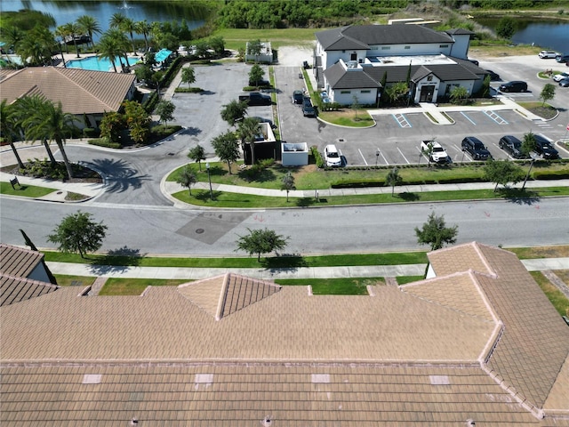 drone / aerial view with a water view