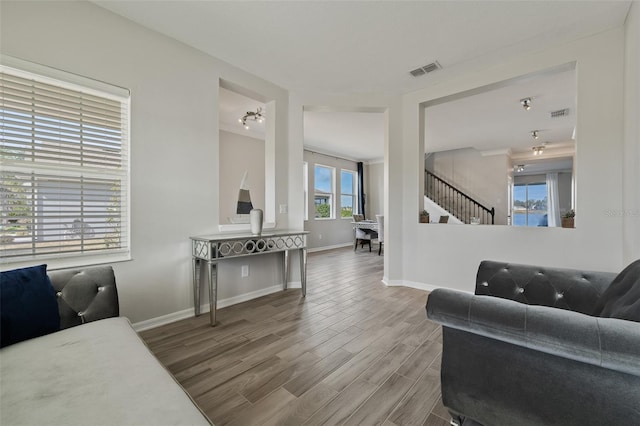 living room with hardwood / wood-style flooring