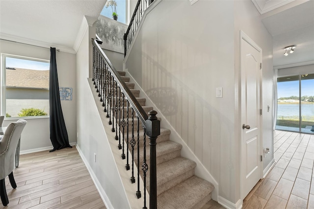 stairway with a water view and crown molding