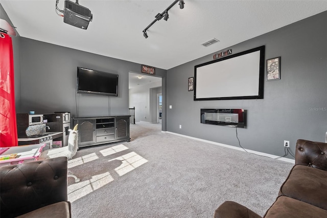 cinema room with light carpet, heating unit, and rail lighting