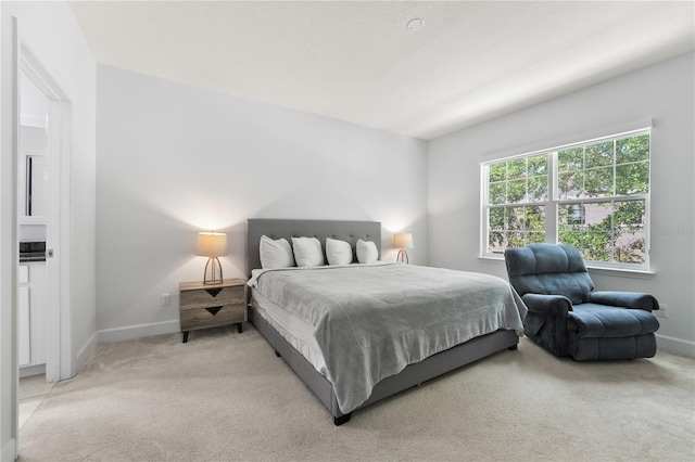 bedroom with light carpet