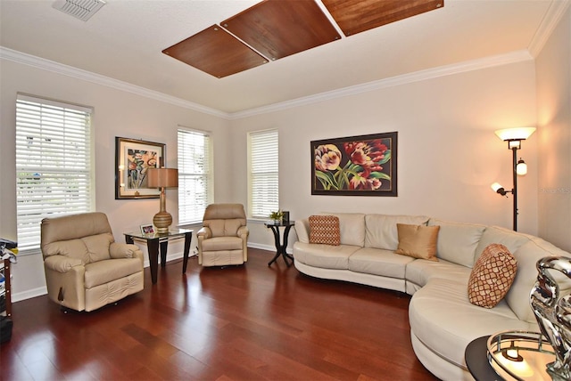 living room with dark hardwood / wood-style flooring and crown molding