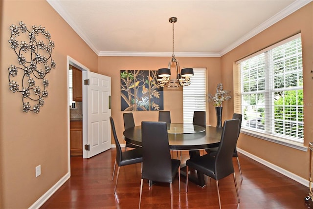 dining room featuring ornamental molding, an inviting chandelier, and dark hardwood / wood-style flooring