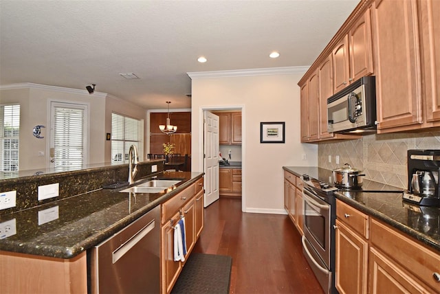 kitchen with dark hardwood / wood-style flooring, appliances with stainless steel finishes, hanging light fixtures, and a wealth of natural light