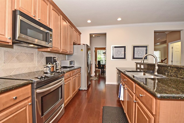 kitchen with crown molding, dark hardwood / wood-style floors, stainless steel appliances, a center island with sink, and sink