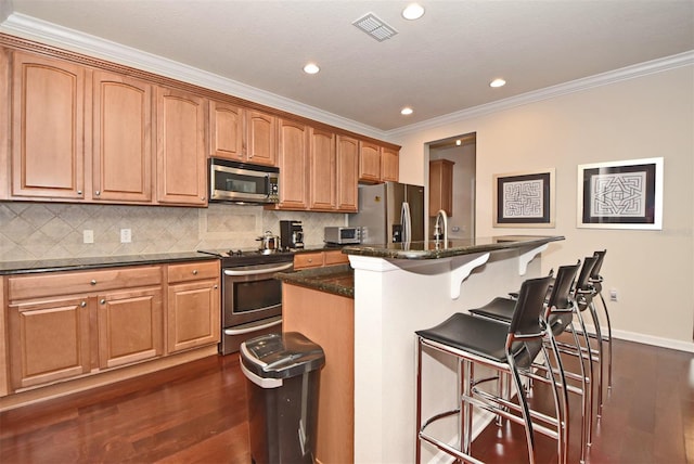 kitchen featuring appliances with stainless steel finishes, tasteful backsplash, dark hardwood / wood-style flooring, ornamental molding, and a kitchen island with sink