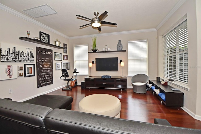 living room featuring ceiling fan, dark hardwood / wood-style flooring, and ornamental molding