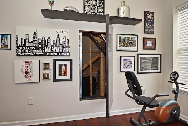 workout area with hardwood / wood-style floors