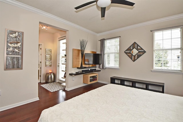 bedroom featuring crown molding, dark hardwood / wood-style flooring, and ceiling fan