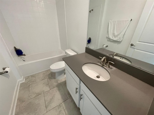 full bathroom featuring washtub / shower combination, toilet, vanity with extensive cabinet space, and tile flooring