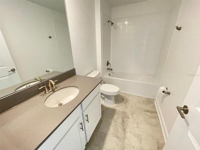 full bathroom with tile flooring, oversized vanity, tiled shower / bath, and toilet