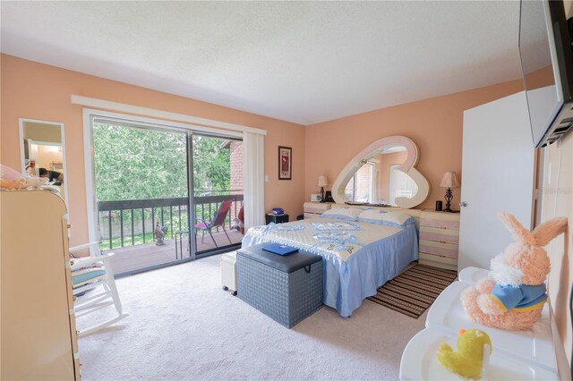 bedroom with light carpet, multiple windows, and access to outside