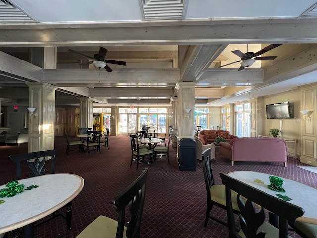 3100 Parkway Blvd Unit 717, Kissimmee, FL 34747 - dining area with ceiling fan, carpet flooring, ornate columns, healthy amount of natural light, and beamed ceiling