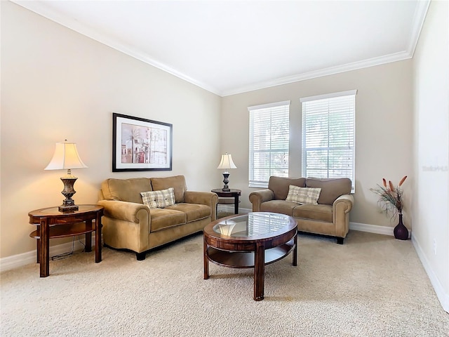 carpeted living room with ornamental molding