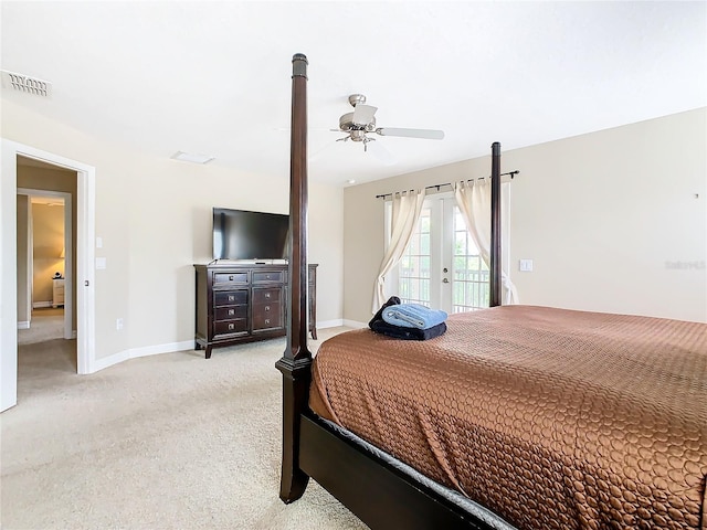 bedroom with light carpet, access to outside, and ceiling fan