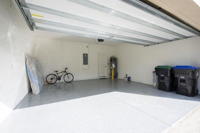 garage featuring a garage door opener, electric panel, and electric water heater