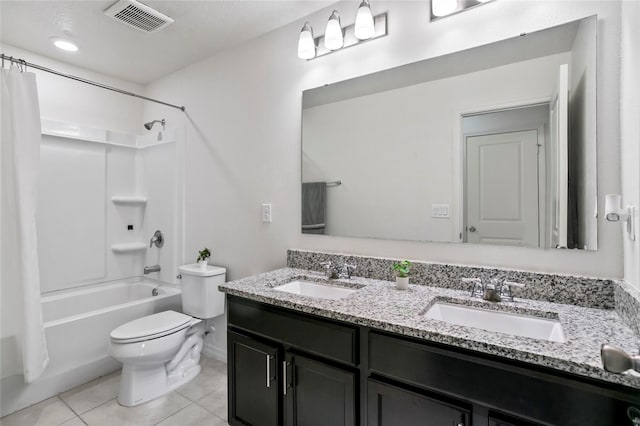 bathroom with tile patterned flooring, toilet, visible vents, and a sink