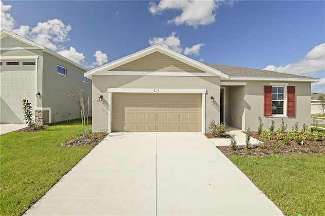 single story home with central AC unit, a garage, and a front yard